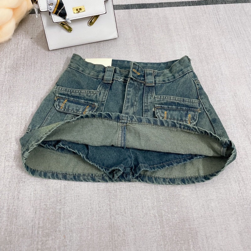 Chân váy ngắn jeans nữ dáng A túi hộp