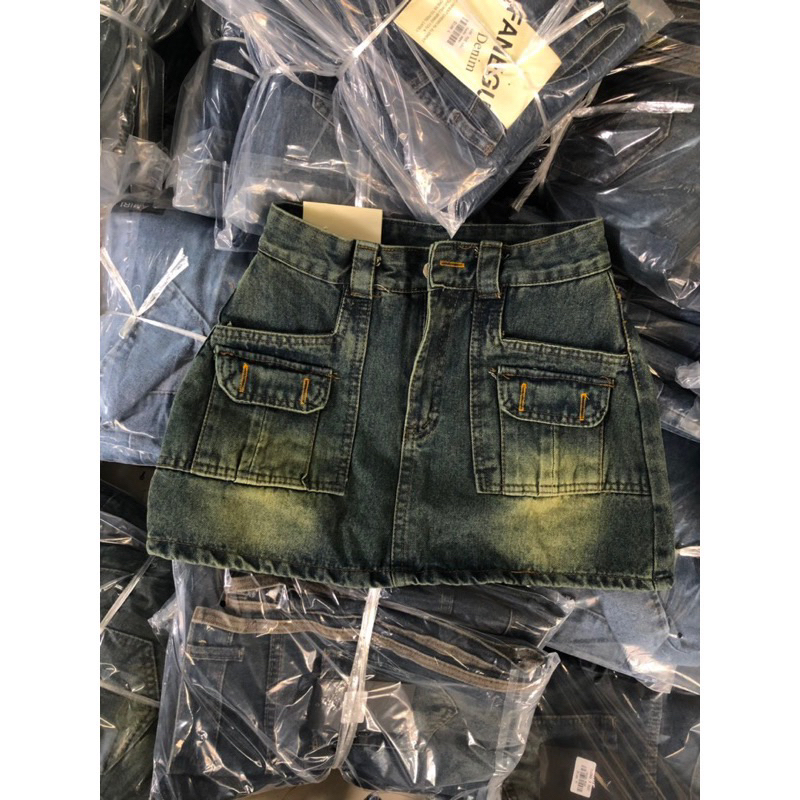 Chân váy ngắn jeans nữ dáng A túi hộp