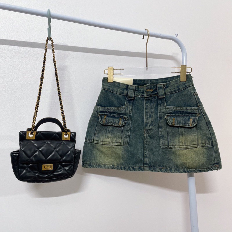 Chân váy ngắn jeans nữ dáng A túi hộp