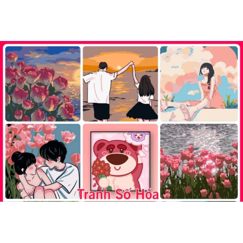 Tranh tô màu số hoá tô màu có khung,hoa hồng, cặp đôi, Doraemon, phong cảnh, gấu dâu 20*20cm