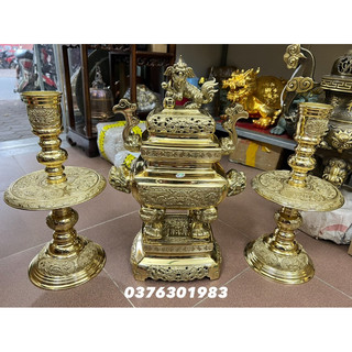 Bộ tam sự đỉnh đồng lư hương vuông cao 50cm