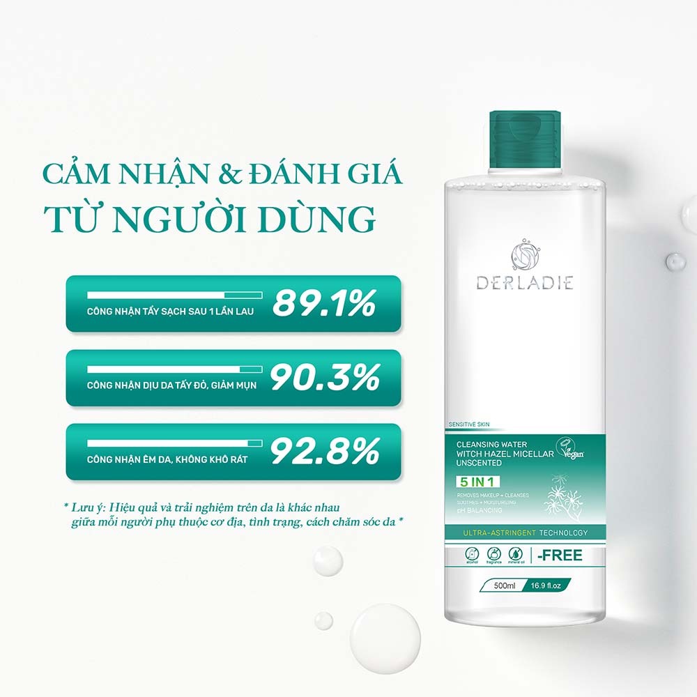 Tẩy Trang Thuần Chay Sạch Dịu Êm Cho Da Dầu Mụn Derladie Cleansing Water Witch Hazel Micellar Unsented 500ML