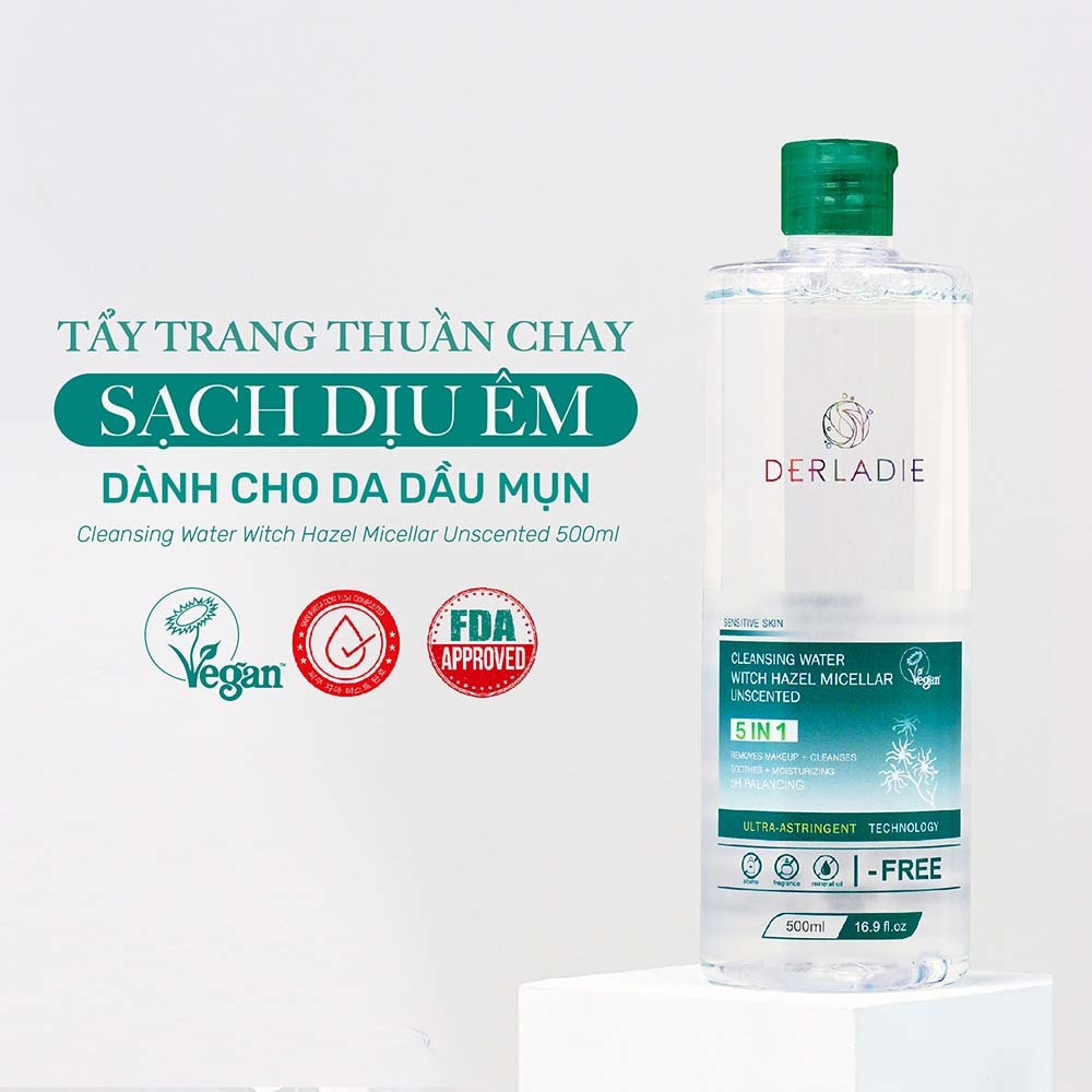 Tẩy Trang Thuần Chay Sạch Dịu Êm Cho Da Dầu Mụn Derladie Cleansing Water Witch Hazel Micellar Unsented 500ML