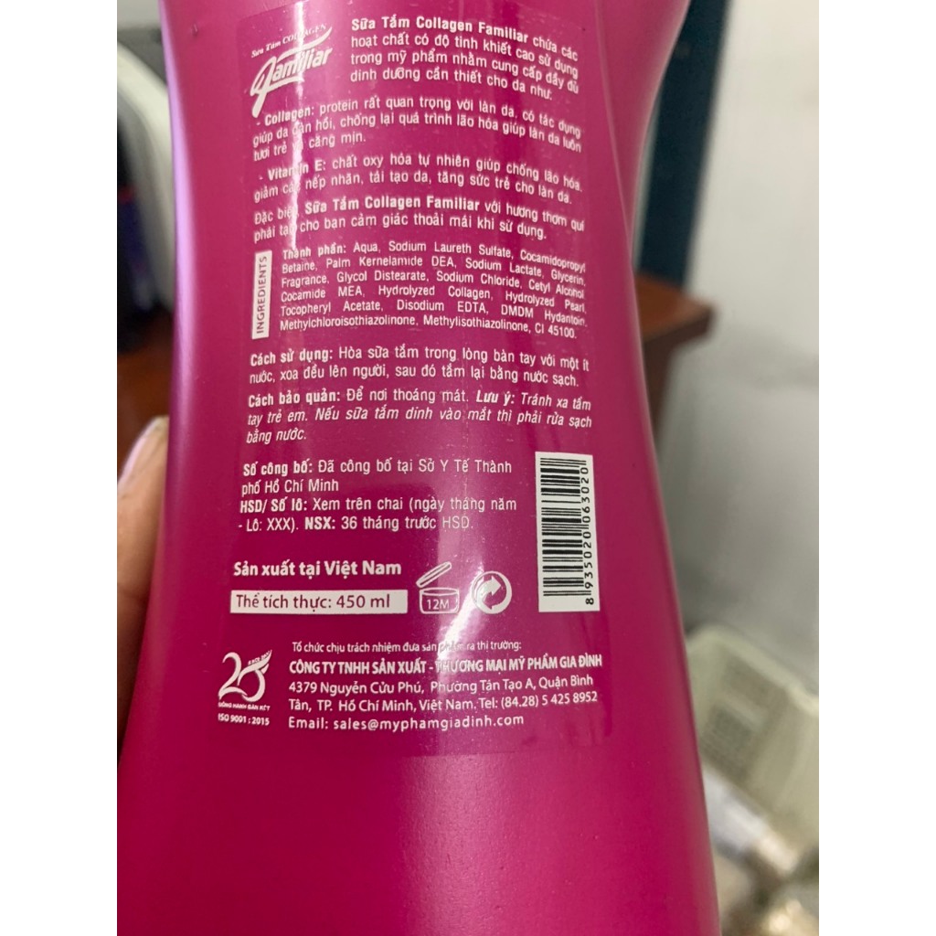Sữa tắm dưỡng trắng da chống lão hóa familiar collagen chao 450ml hương hải mã siêu thơm