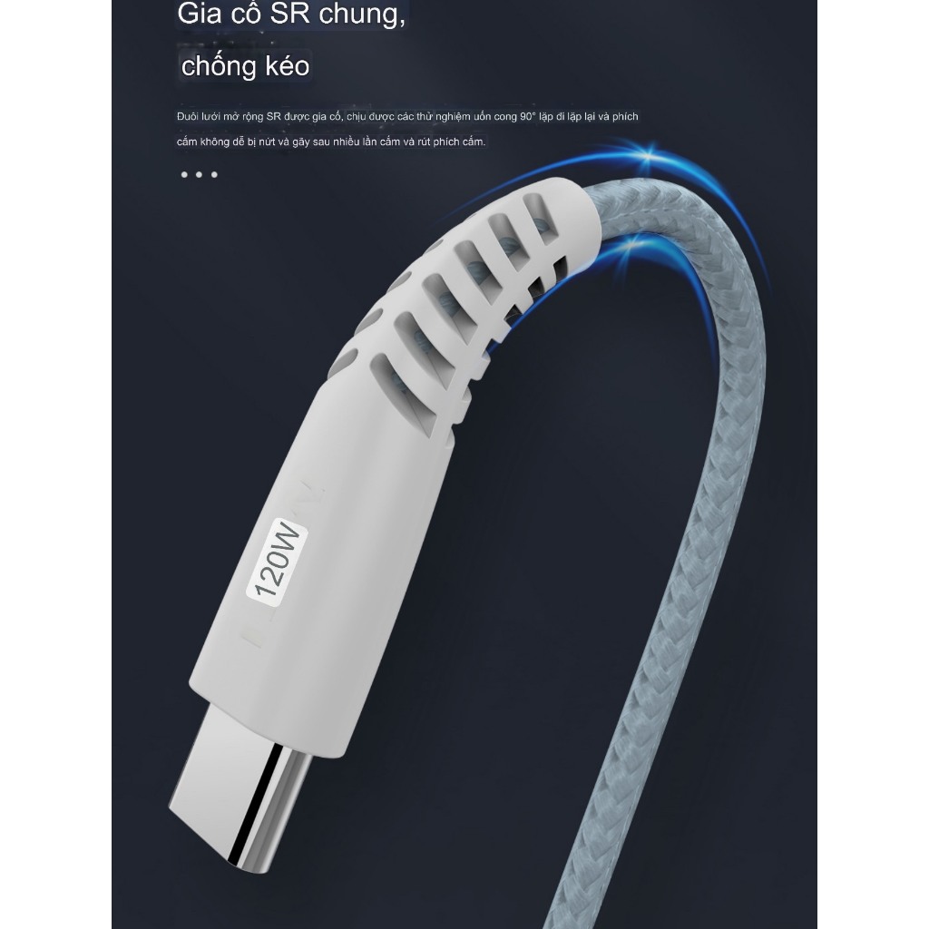 Dây cáp sạc bện dù 120W cho các dòng điện thoại, máy tính bảng, tai nghe bluetooth