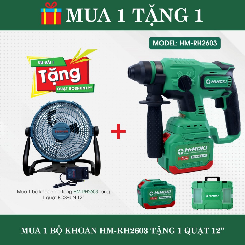 Máy khoan bê tông HIMOKI HM-RH2603 3 Chức năng - Khoan bê tông sử dụng chân pin phổ thông bảo hành c