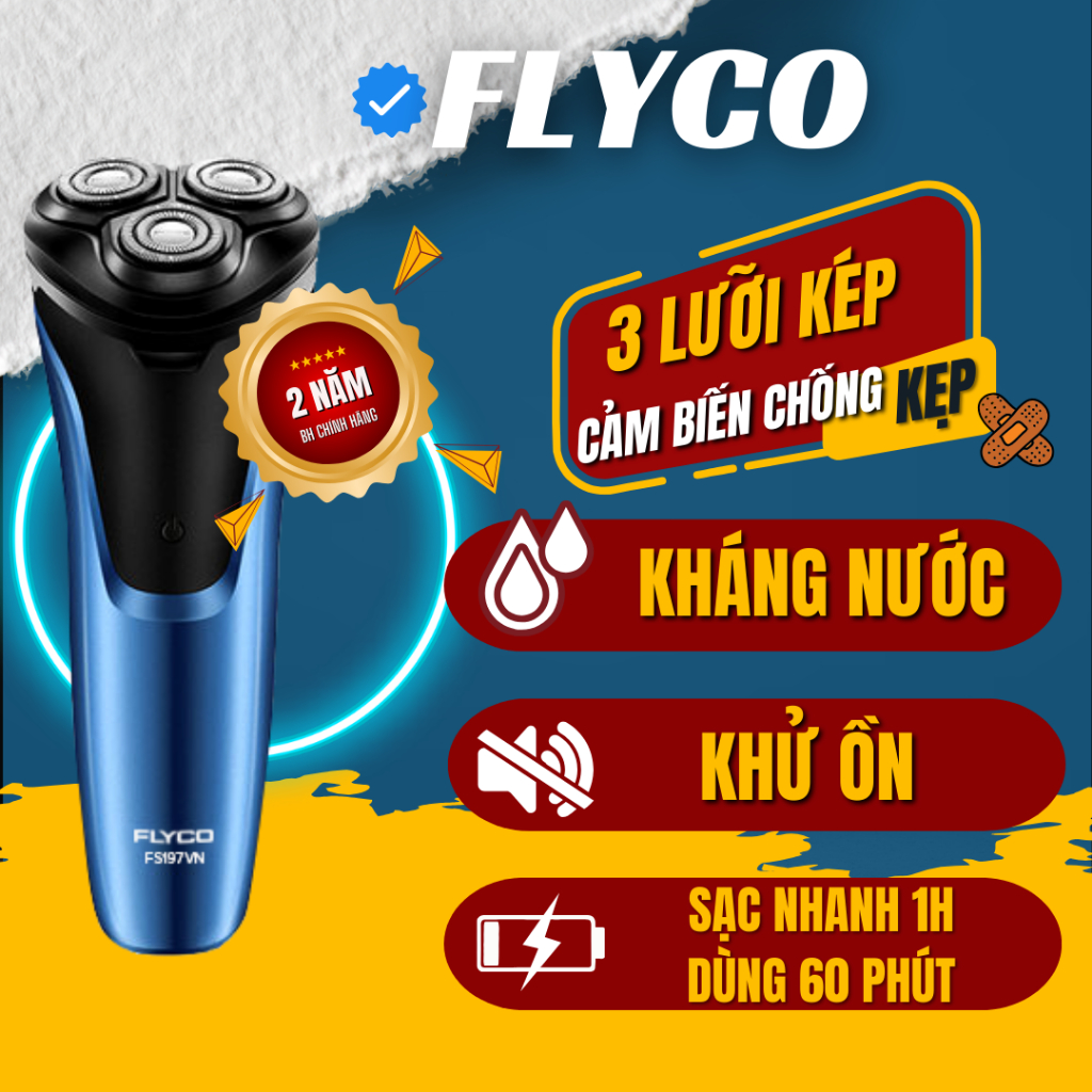 Máy Cạo Râu Flyco FS197VN 3 Lưỡi Kép Thân Máy Kháng Nước Sạc Nhanh 1 Giờ - Hàng Chính Hãng