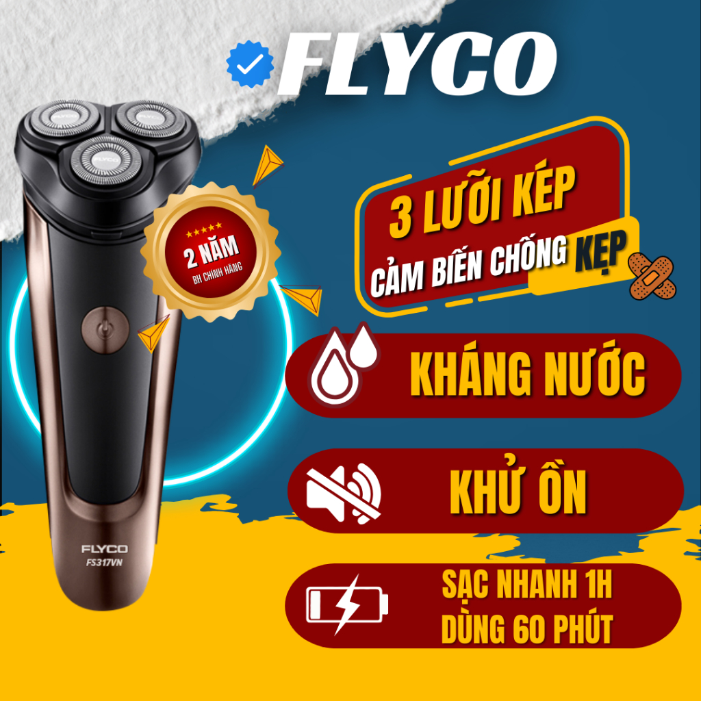 Máy Cạo Râu Flyco 3 Lưỡi Kép Thân Máy Kháng Nước Sạc Nhanh 1 Giờ FS317VN Hàng Chính Hãng