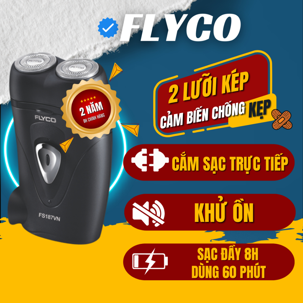 Máy Cạo Râu 2 Lưỡi Kép Flyco FS187VN Cắm Sạc Trực Tiếp Nắp Máy Tháo Rời Dễ Vệ Sinh - Hàng Chính Hãng