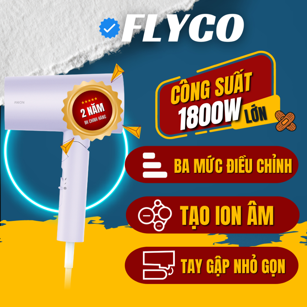 [Tặng Khẩu Trang] Máy Sấy Tóc Flyco Công Suất Lớn (1800W) FH6277VN Chế Độ Sấy Anion & Sấy Lạnh Bảo Vệ Tóc