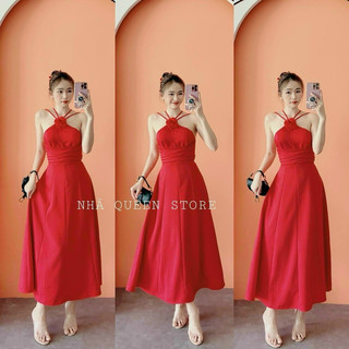 ĐẦM MIDI DÂY CỔ YẾM TAG HOA XẾP EO