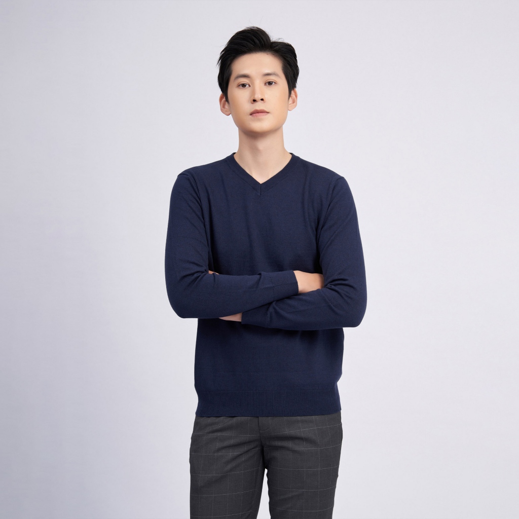 Áo Len Nam Trơn Chất Cotton Cao Cấp Mềm Mịn 2003A Màu Xanh Dương Đậm - Vulcano