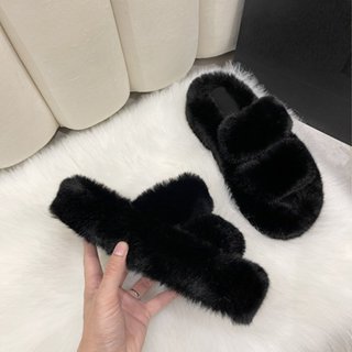 Dép lông nữ sang trọng, mặc ngoài, dép bông gia đình mùa thu đông, đáy PVC lưu hóa 4CM