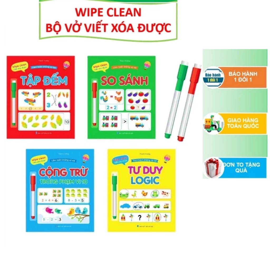 Bộ vở Làm Toán Không Sợ Sai Wipe Clean Viết Xóa Được Luyện Viết Kèm 2 Bút
