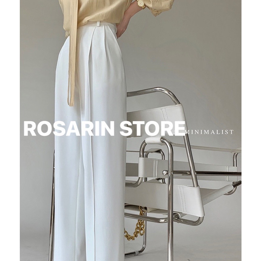 Quần tây nữ lưng cao ống suông rộng dài 105cm, có đĩa thắt dây lưng, có túi - mã 1076 màu trắng
