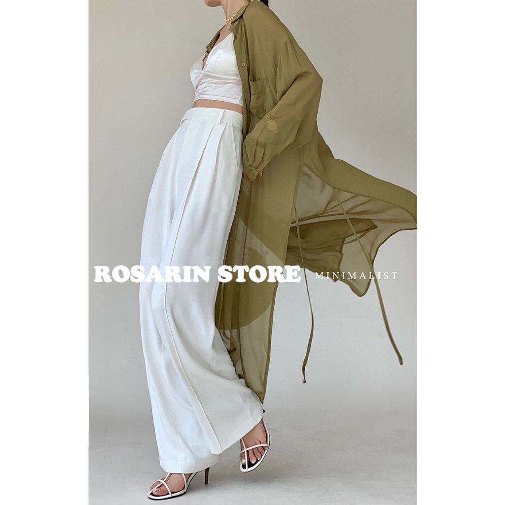 Quần tây nữ lưng cao ống suông rộng dài 105cm, có đĩa thắt dây lưng, có túi - mã 1076 màu trắng