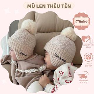 Mũ Len lông cừu THÊU TÊN cho bé 2 đến 5 tuổi, nón cho bé, mũ có bịt tai siêu ấm, dệt kim dày dặn
