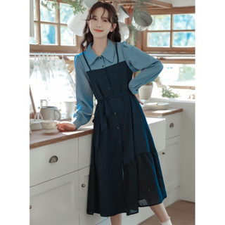 Đầm thiết kế giả set cổ sơ mi đuôi cá xanh đen dáng dài