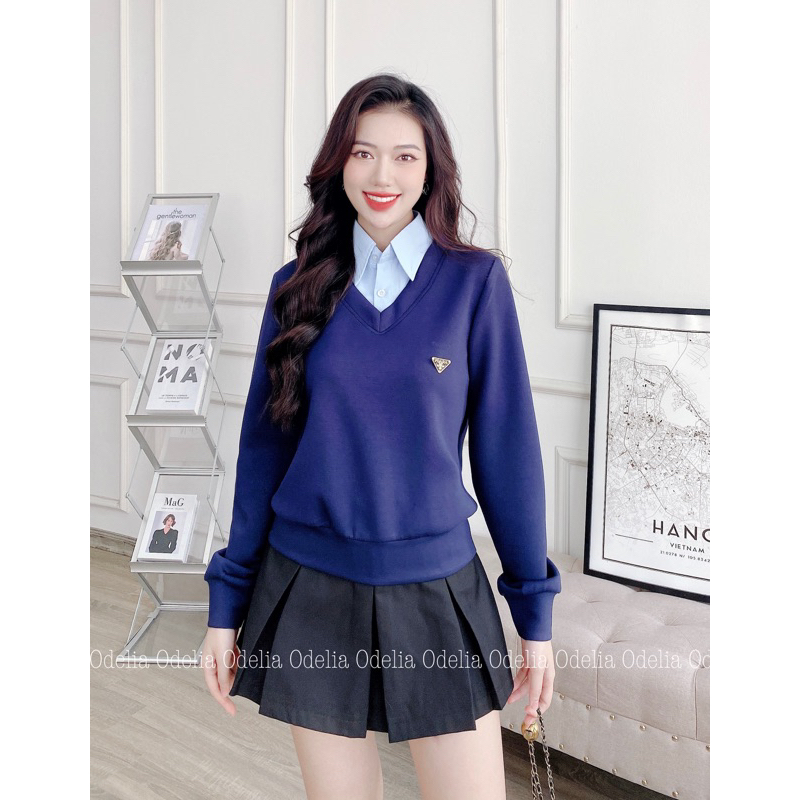 Áo nỉ cổ mix sơ mi Odelia, kèm tag - A7313