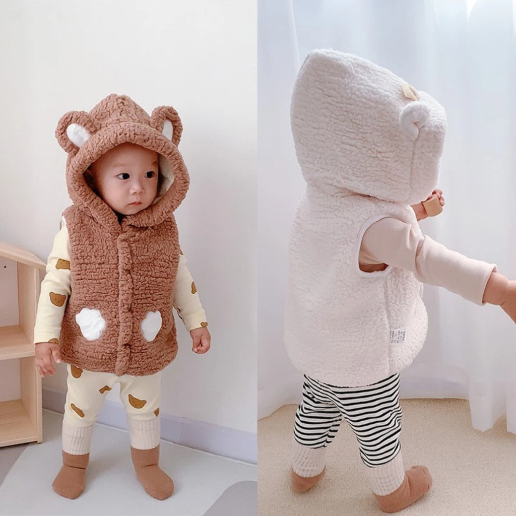 Áo khoác gile có mũ trần bông giả lông cừu nhung mùa thu đông cho bé