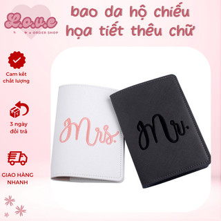 Bao da hộ chiếu, bao hộ chiếu, bao bảo vệ hộ chiếu thêu chữ Mr Mrs xinh xắn.