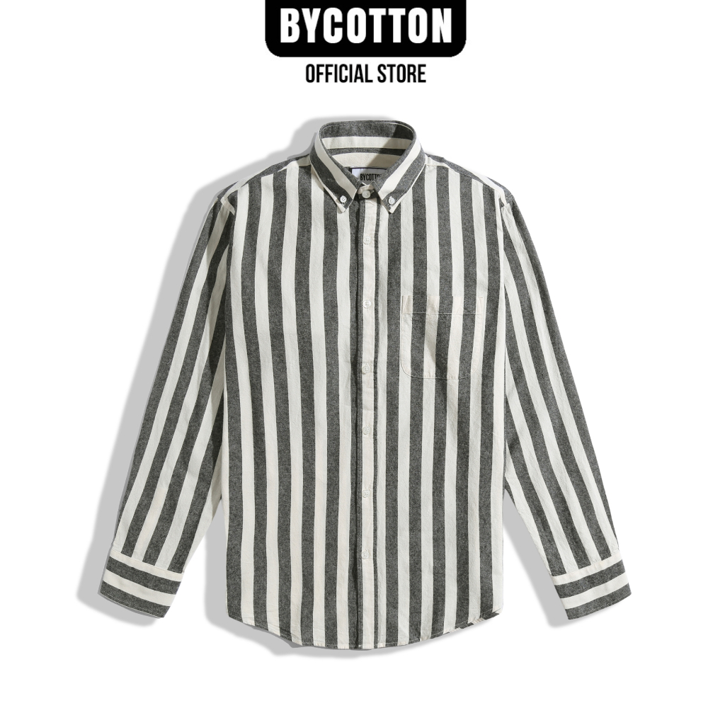 Áo Sơ Mi Nam Cao Cấp Phối Sọc Dark Grey Cream Stripes Oxford Shirt BY COTTON