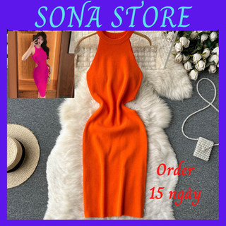 Váy body len dệt kim cổ yếm cut eo đầm ôm nữ sexy gợi cảm sang chảnh tiểu thư bánh bèo cute hàng quảng châu cao cấp