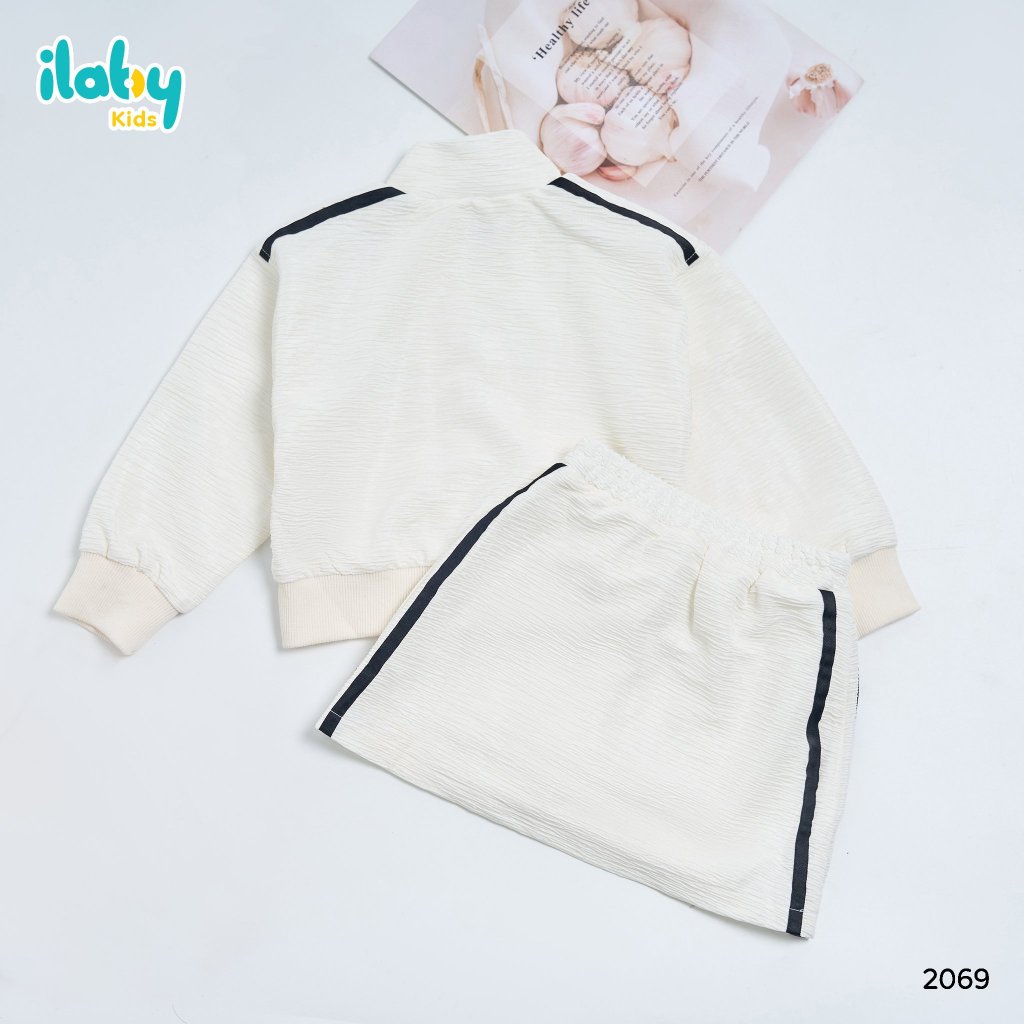 Bộ áo khoác cho bé gái ILABY chân váy phối dây chất liệu thun vân gỗ màu trắng cho bé 10-35kg [50IGK3DL2069]
