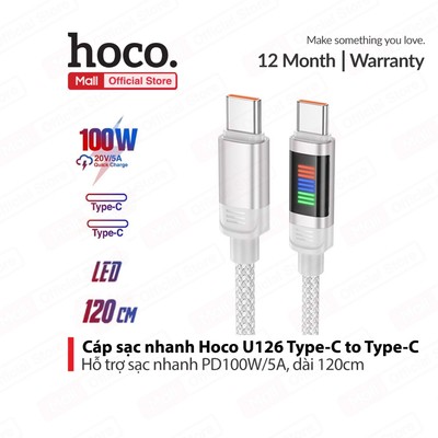 Cáp sạc nhanh Hoco U126 Type-C to Type-C PD100W/5A , hỗ trợ truyền dữ liệu dùng cho Laptop/Smartphone, dài 120cm