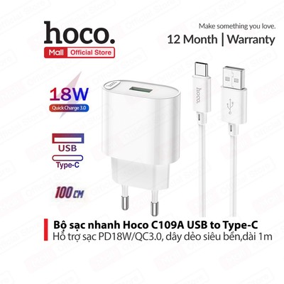 Bộ sạc nhanh USB to Type-C Hoco C109A PD18W+QC3.0 dùng cho android ,dài 100cm, chân tròn