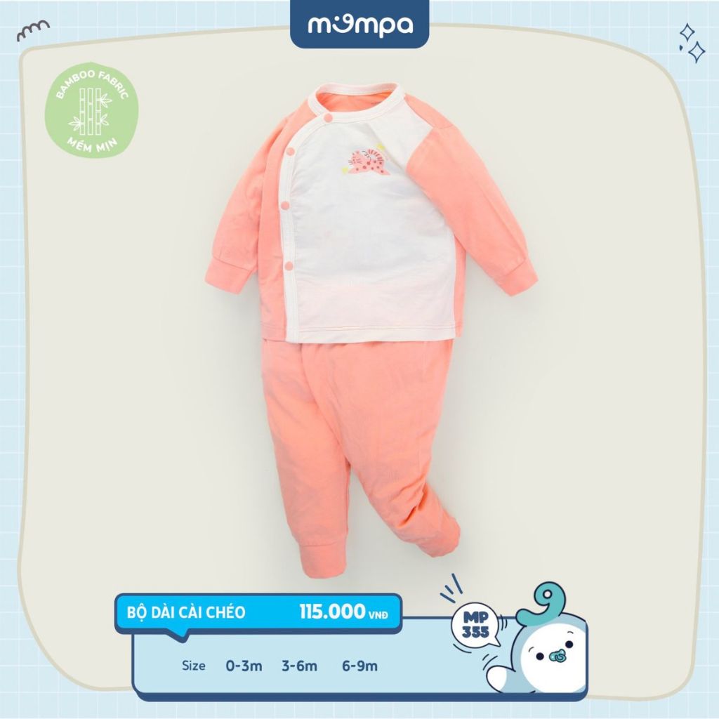 Bộ quần áo sơ sinh cho bé Mompa 0 đến 9 tháng dài tay cúc chéo vải sợi tre bamboo mềm mại co giãn thấm hút MP 355