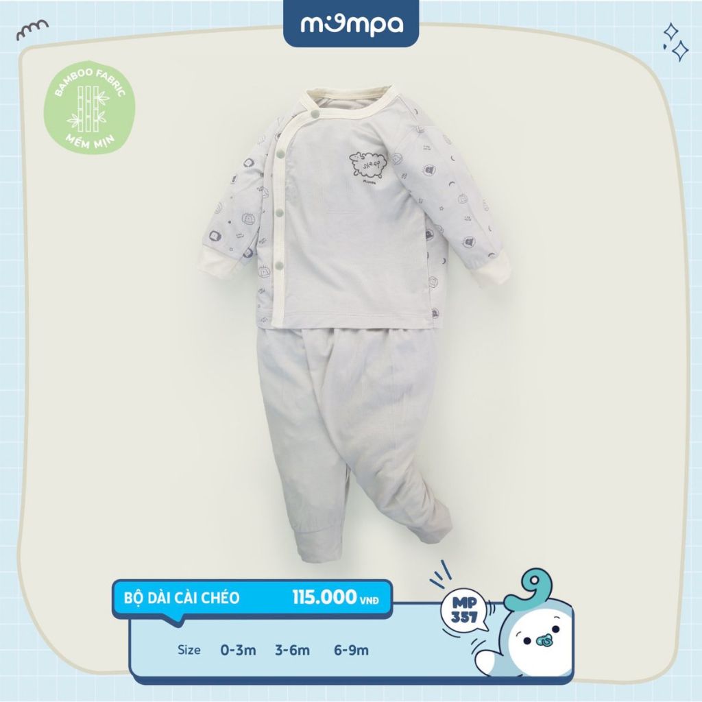 Bộ quần áo sơ sinh cho bé Mompa 0 đến 9 tháng dài tay cúc chéo vải sợi tre bamboo mềm mại co giãn thấm hút MP 357