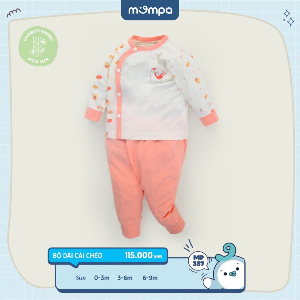 Bộ quần áo sơ sinh cho bé Mompa 0 đến 9 tháng dài tay cúc chéo vải sợi tre bamboo mềm mại co giãn thấm hút MP 357