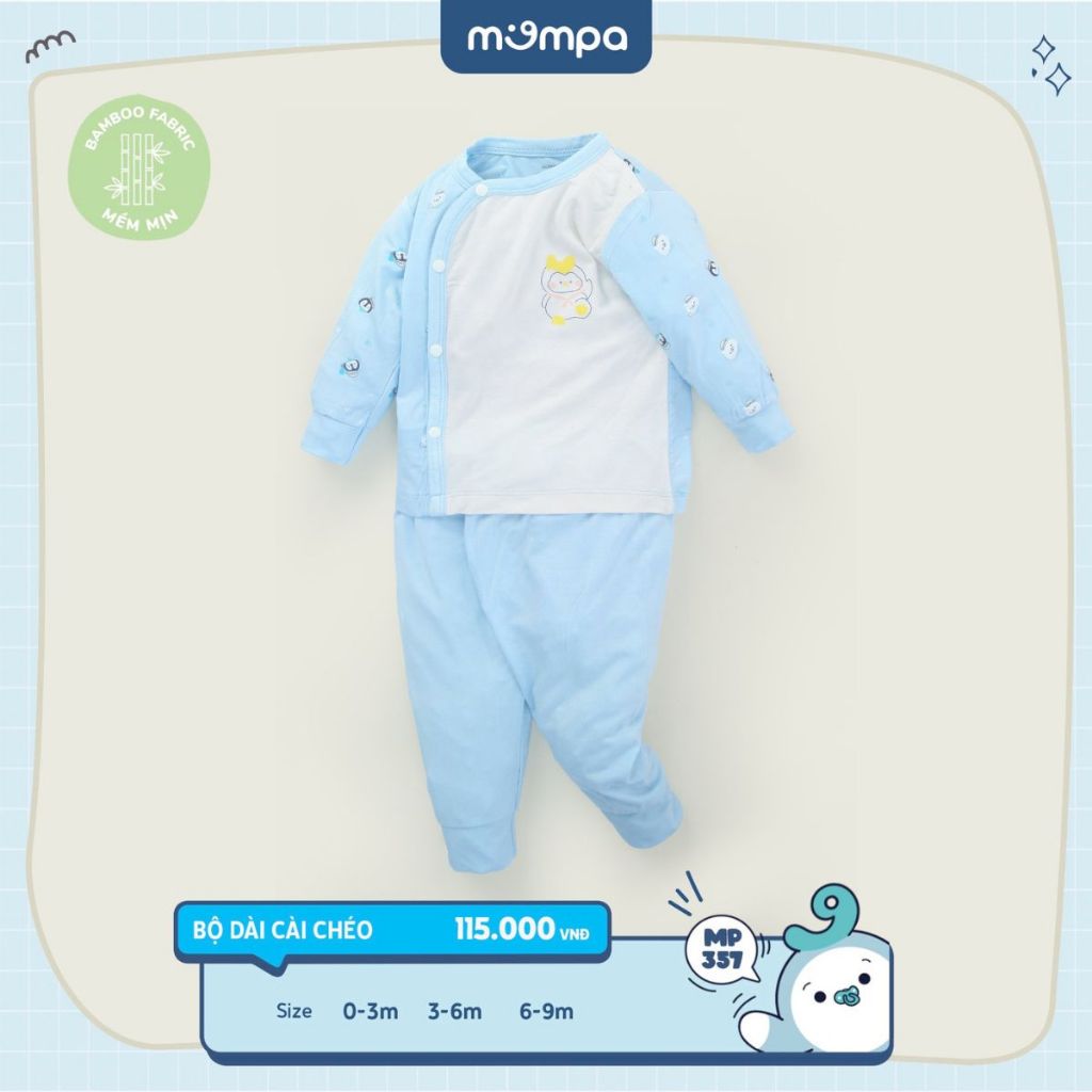 Bộ quần áo sơ sinh cho bé Mompa 0 đến 9 tháng dài tay cúc chéo vải sợi tre bamboo mềm mại co giãn thấm hút MP 357