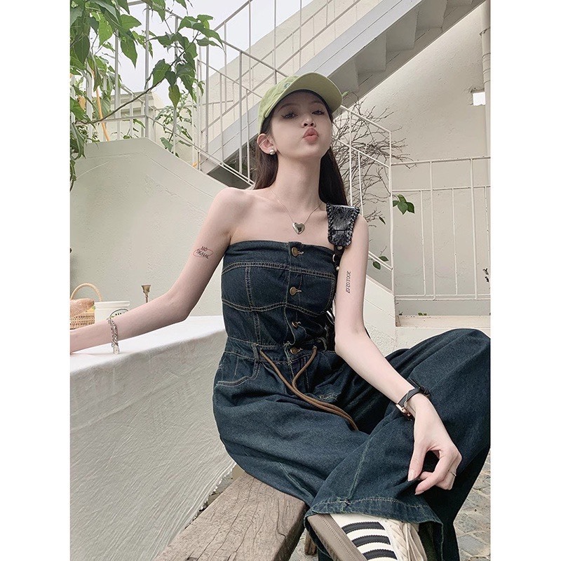 Jumpsuit jenas, jump bo quay ngực quần ống rộng bộ đồ liền thân 2023