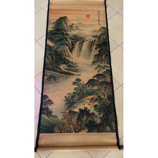 Tranh giả cổ Sơn thủy 2, Tranh giấy xuyến chỉ viền bo lụa size lớn 155 x 74cm