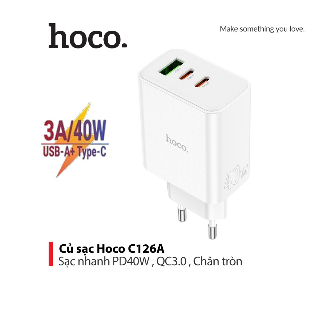 Củ sạc nhanh PD40W Hoco C126A chân tròn 2 cổng Type-C/ Usb , hỗ trợ QC3.0