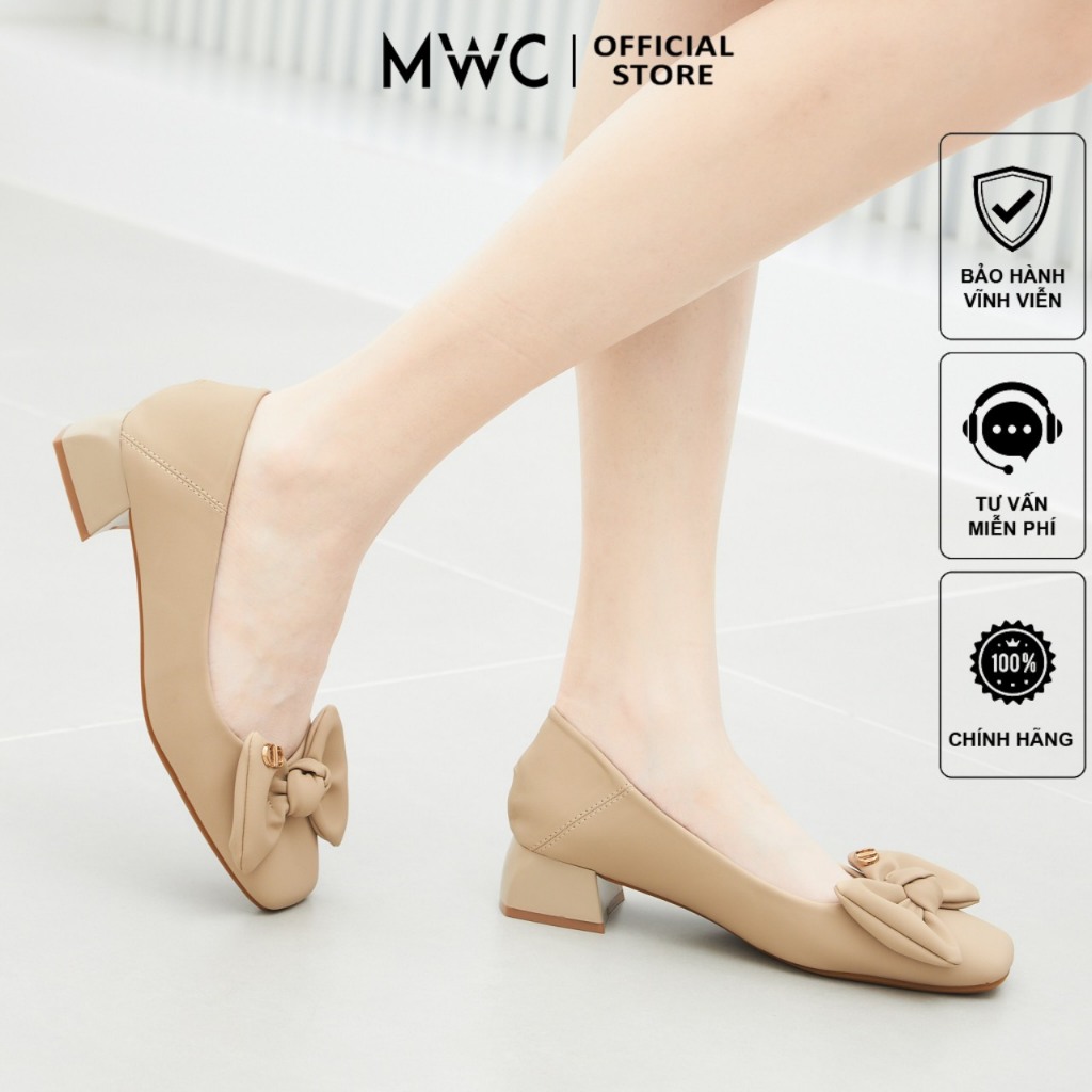 Giày Cao Gót MWC 4458 - Cao Gót Da Mũi Vuông Đính Nơ Phồng Thanh Lịch