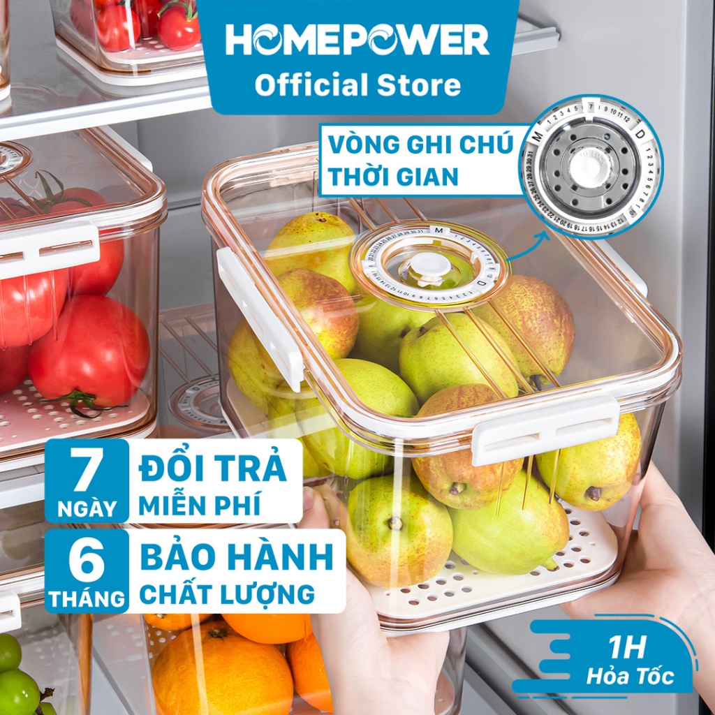 Hộp đựng thực phẩm tách nước Homepower trong suốt có vòng ghi chú thời gian thông minh