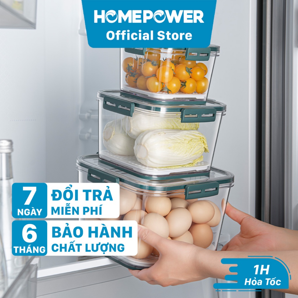 Set 3 hộp đựng thực phẩm tủ lạnh, bảo quản thực phẩm Homepower HV Có lót đáy ráo nước