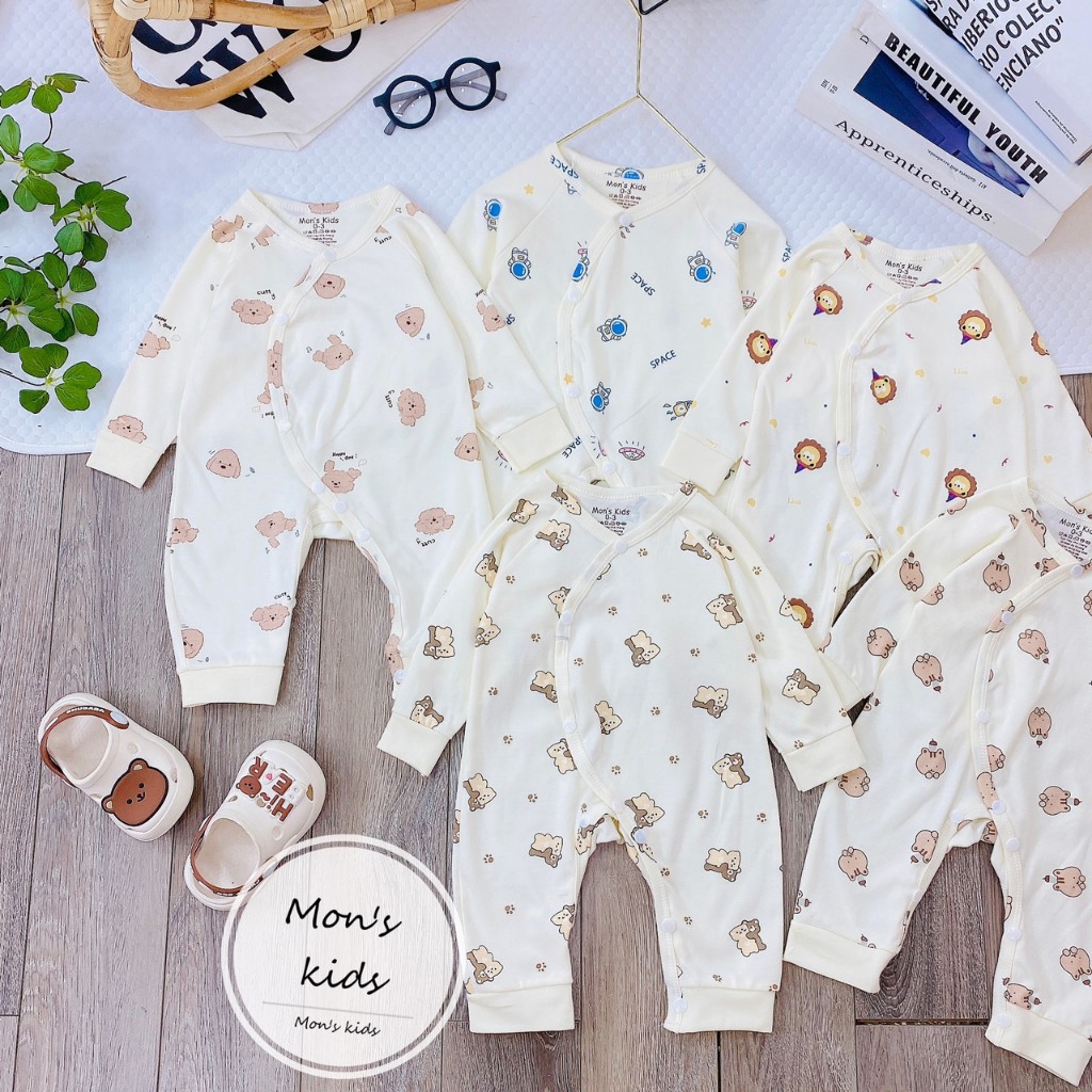 Body Nỉ Liền Thân Mon's Kids Thu Đông Mềm Mại, Họa Tiết Dễ Thương Cho Bé Từ 3-9kg