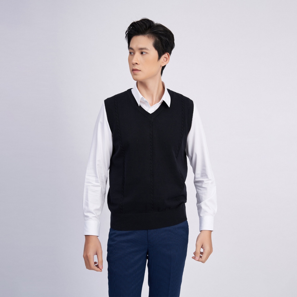 Áo Gile Len Nam Cổ Tim Chất Cotton 2006C Họa Tiết Vặn Thừng Màu Đen - Vulcano