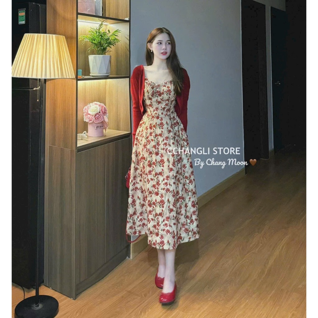 Set váy nữ maxi voan hoa 2 dây nhún bèo ngực kèm khoác tay dài tăm gân xinh xắn, dễ thương đi dự tiệc, đi biển