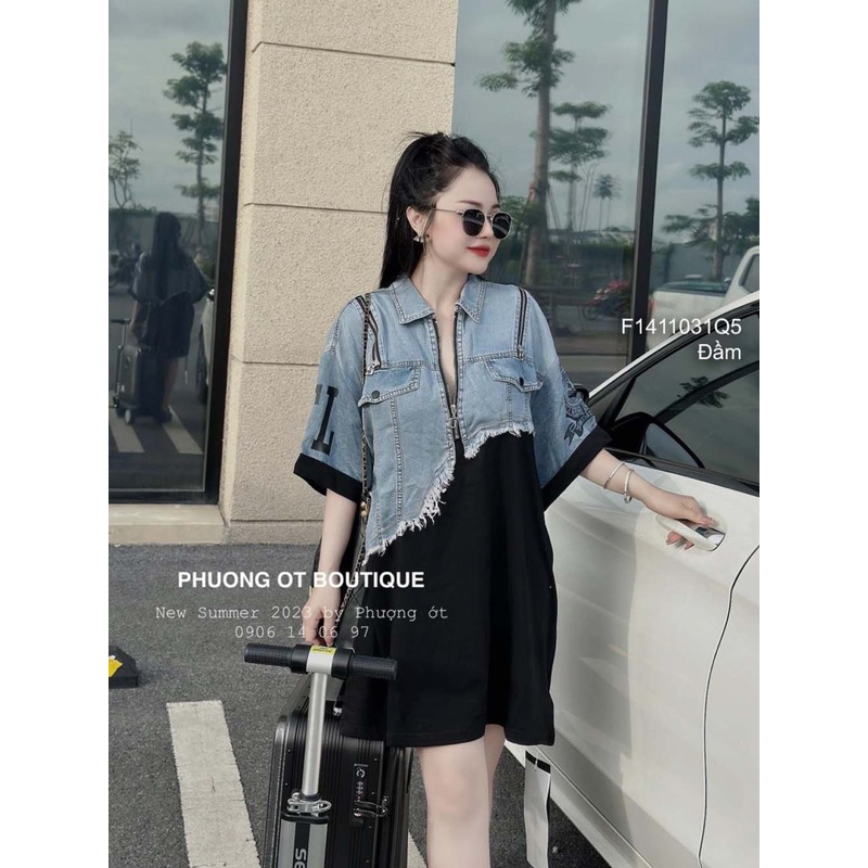 Đầm sơ mi jean phối thun vai khóa kéo sang trọng VIENS STORE