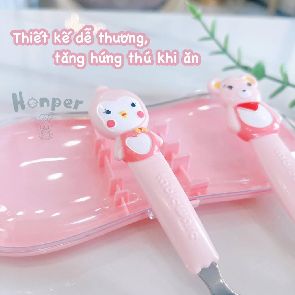Bộ thìa dĩa ăn dặm Honper HP220 2 màu xanh, hồng cho bé có quai treo tiện lợi