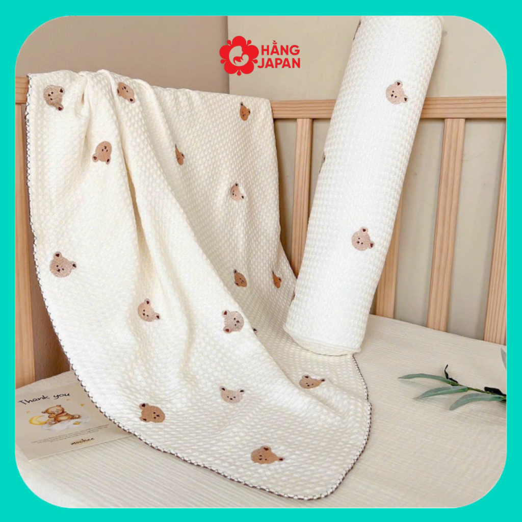 Set chăn gối, chặn bông, ủ choàng, gối ôm Mochee Waffle Modal họa tiết gấu thêu chính hãng