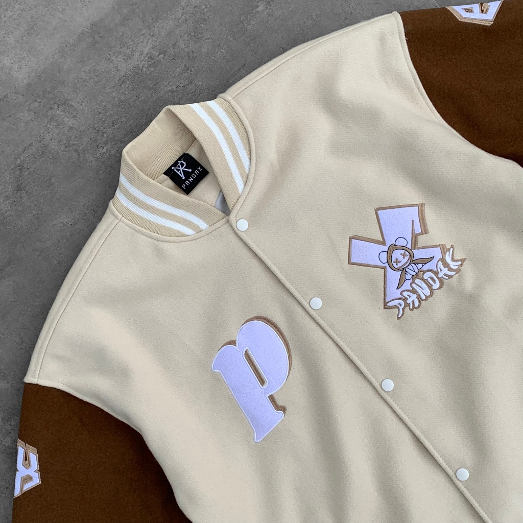 Áo bomber nam nữ khoác varsity local brand form rộng bóng chày cặp đôi unisex oversize dày dặn Pandax Polime Cream