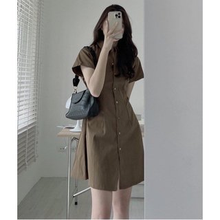 Váy sơ mi thô mềm chiết eo lưng chun dáng xòe đầm sơ mi hàn quốc