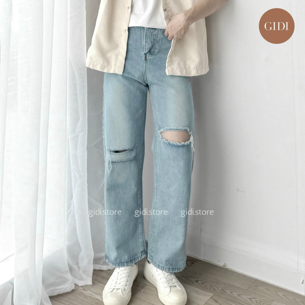 Quần Jean 2R rách Denim cá tính Nam Nữ Unisex -Quần Jean Basic Thun ống suông   - Quần jean chuẩn đẹp, mềm, mặc lên dáng