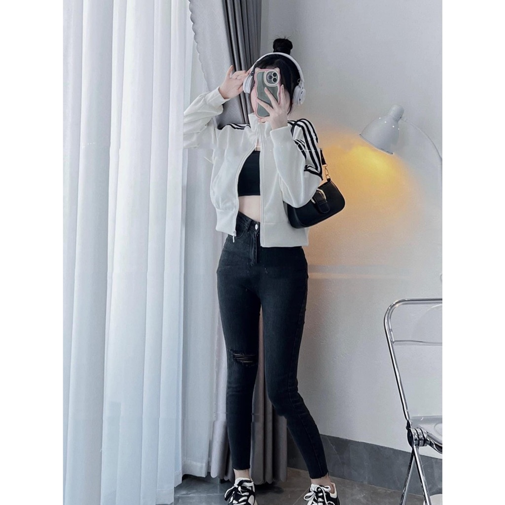 Áo khoác thể thao 3 sọc đen trắng form crotop by HH MS06